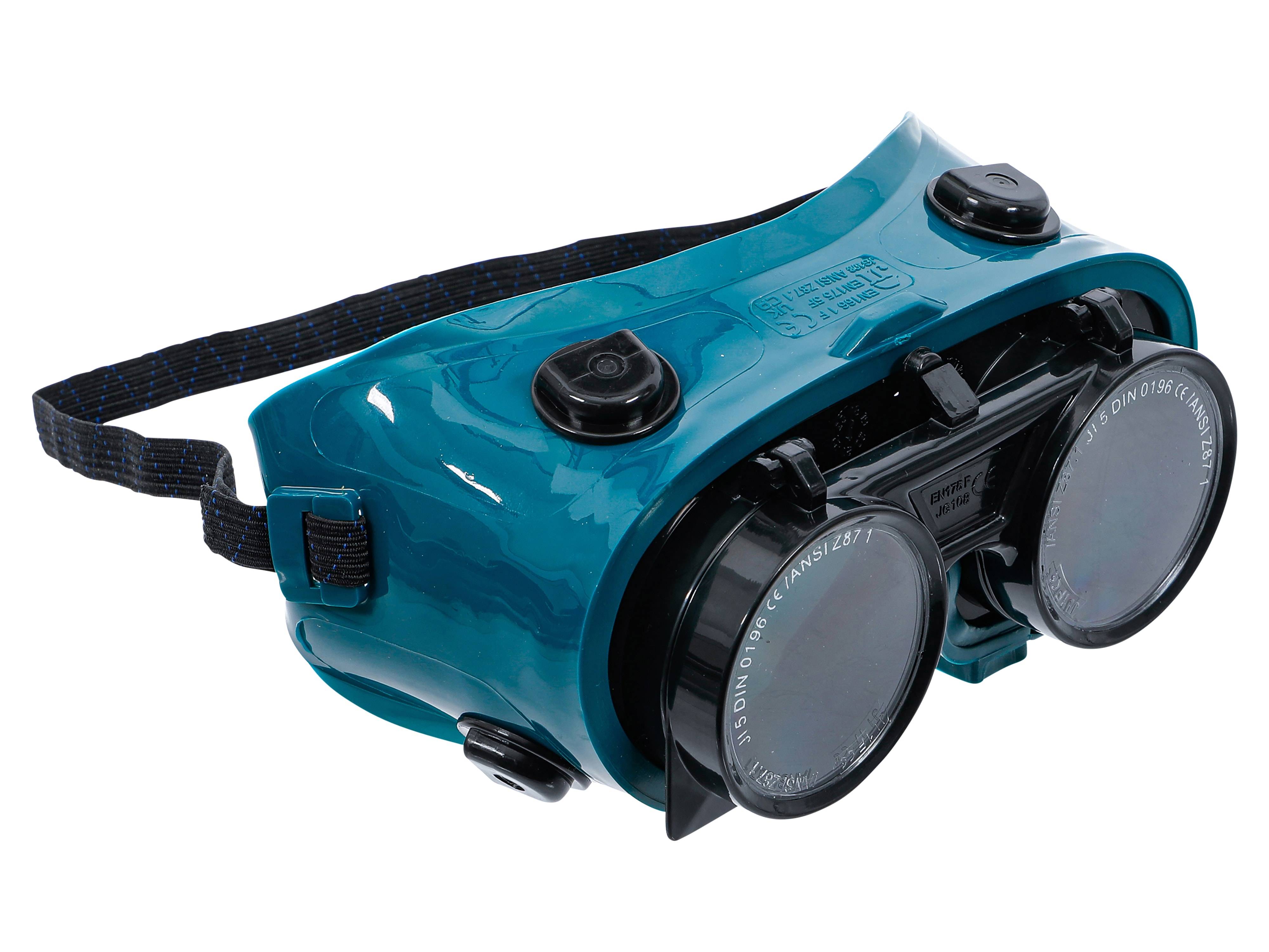 Eine Schutzbrille für Schweißarbeiten in Blau mit verstellbaren Trägern und dunklen Gläsern, die speziell zum Schutz der Augen während Metallarbeiten entwickelt wurde.