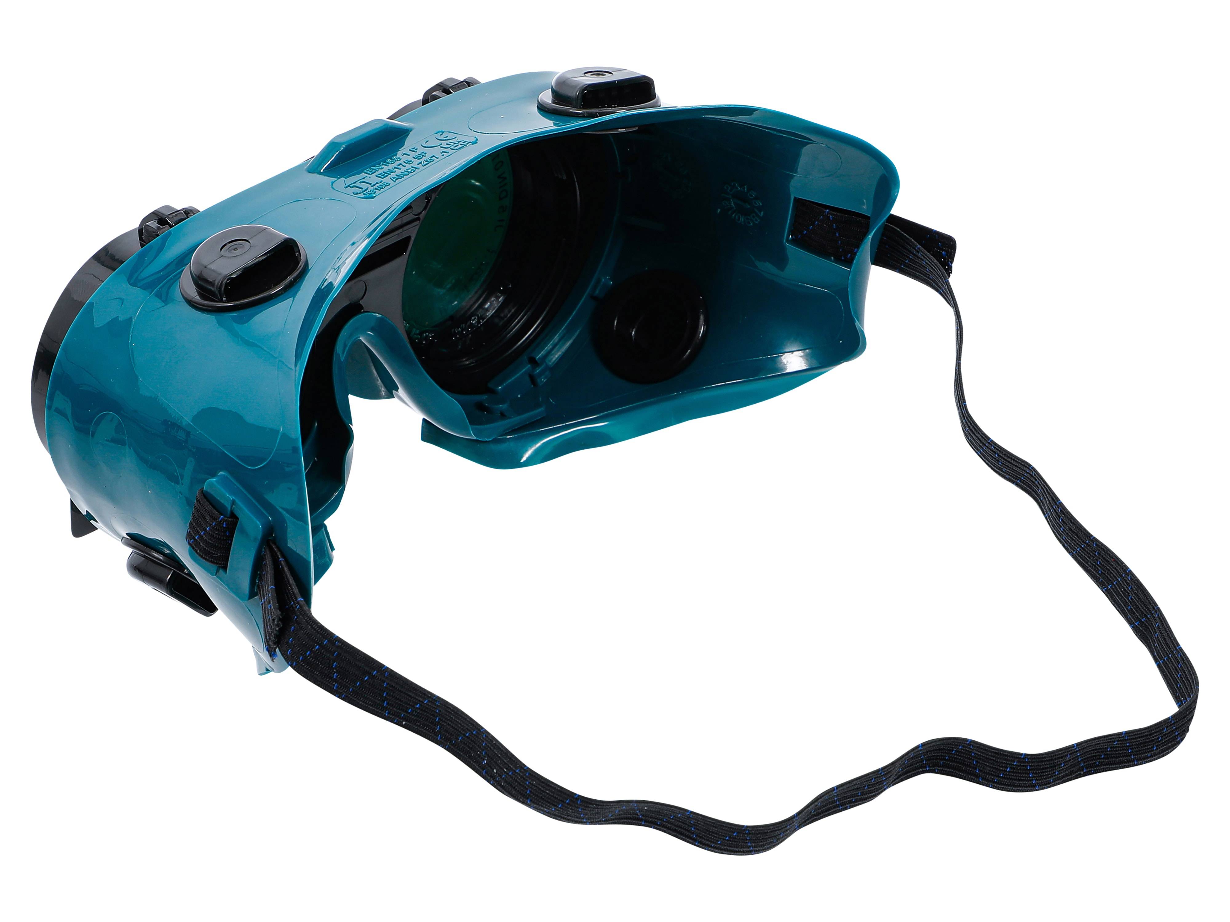 Eine petrolblaue Schutzmaske mit verstellbaren schwarzen Trägern und kreisförmigen Belüftungsöffnungen an den Seiten.