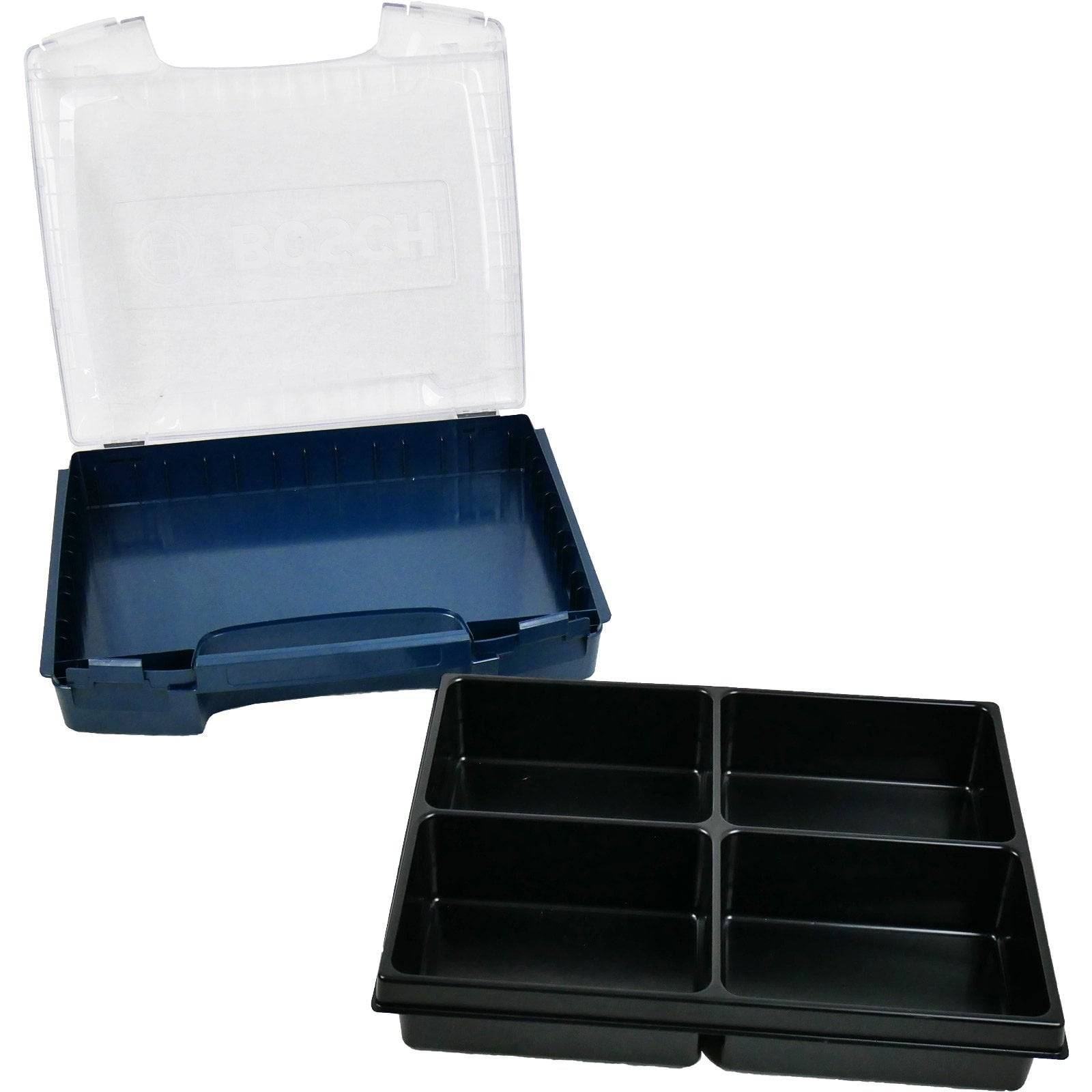 Bosch Kunststoff-Transportkoffer und Tablett mit sechs Fächern zur Organisierung von Werkzeugen oder Teilen. Transparenter Deckel und schwarze Einlage gezeigt.