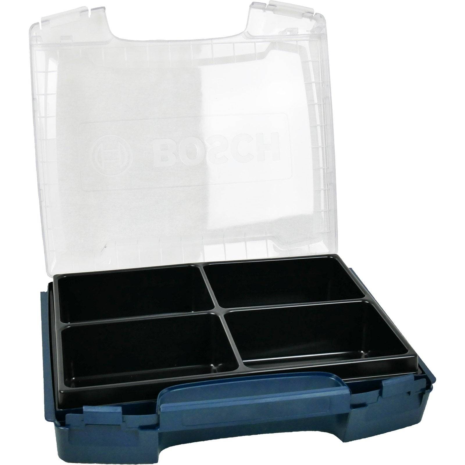 Eine offene Bosch-Lagerkiste mit transparentem Deckel, die vier leere schwarze Fächer zum Organisieren von Werkzeugen oder Kleinteilen zeigt.