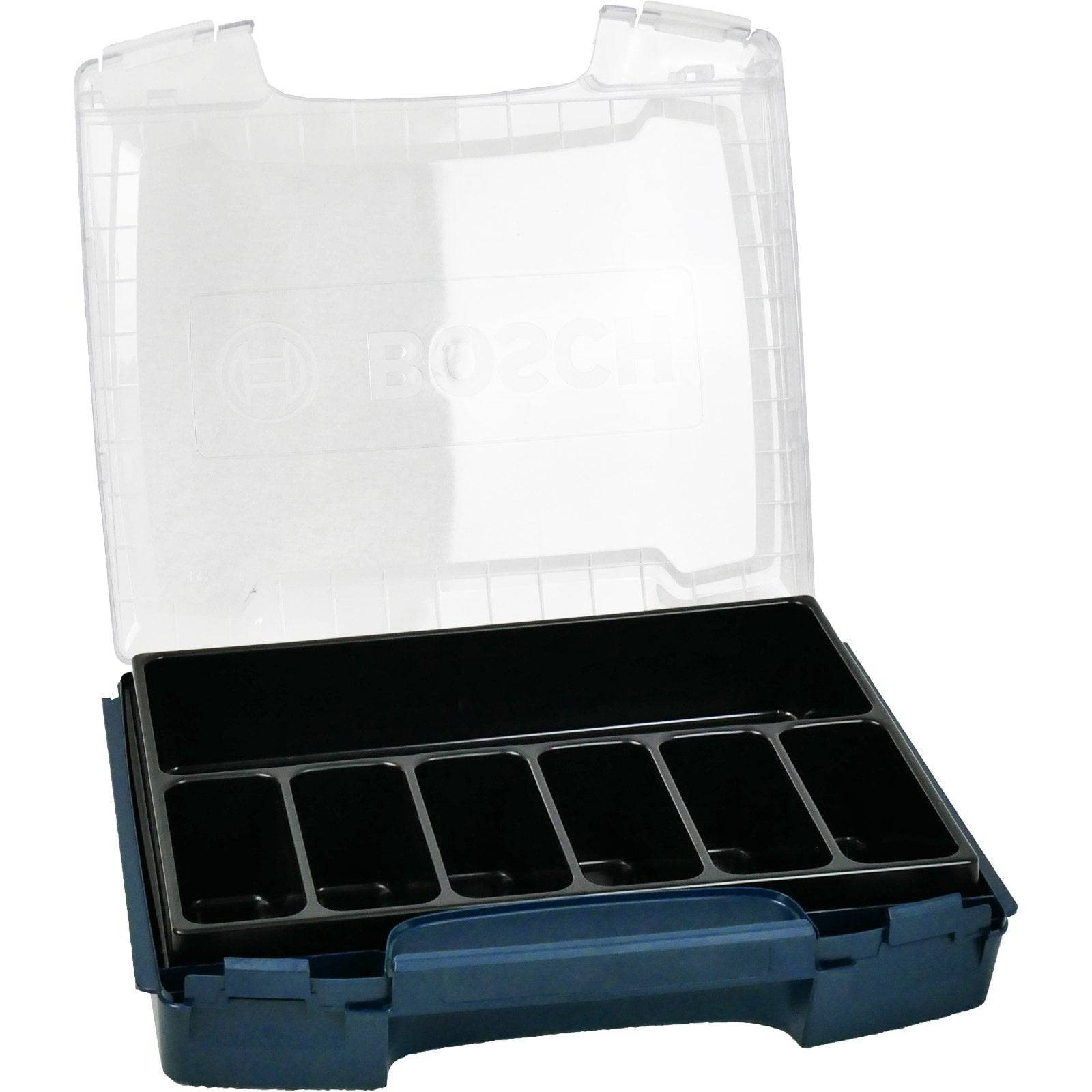 Eine leere, offene Werkzeugbox mit mehreren Fächern, entwickelt zur Organisation von kleinen Werkzeugen oder Teilen, und mit einem transparenten Deckel ausgestattet.