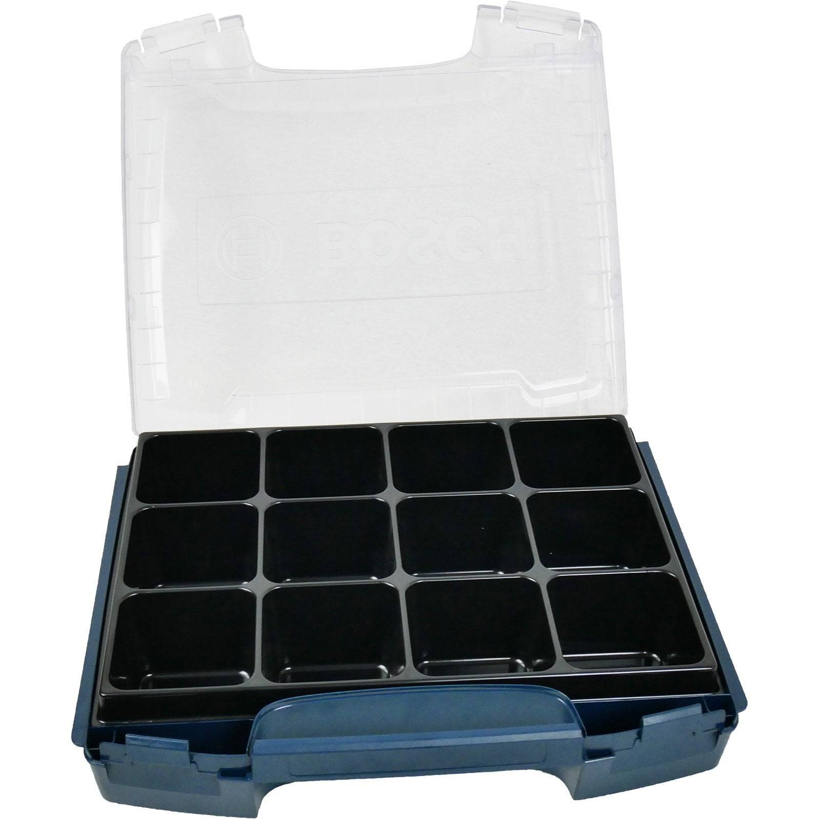 Eine leere Kunststoff-Aufbewahrungsbox mit zehn Fächern und einem transparenten Deckel.