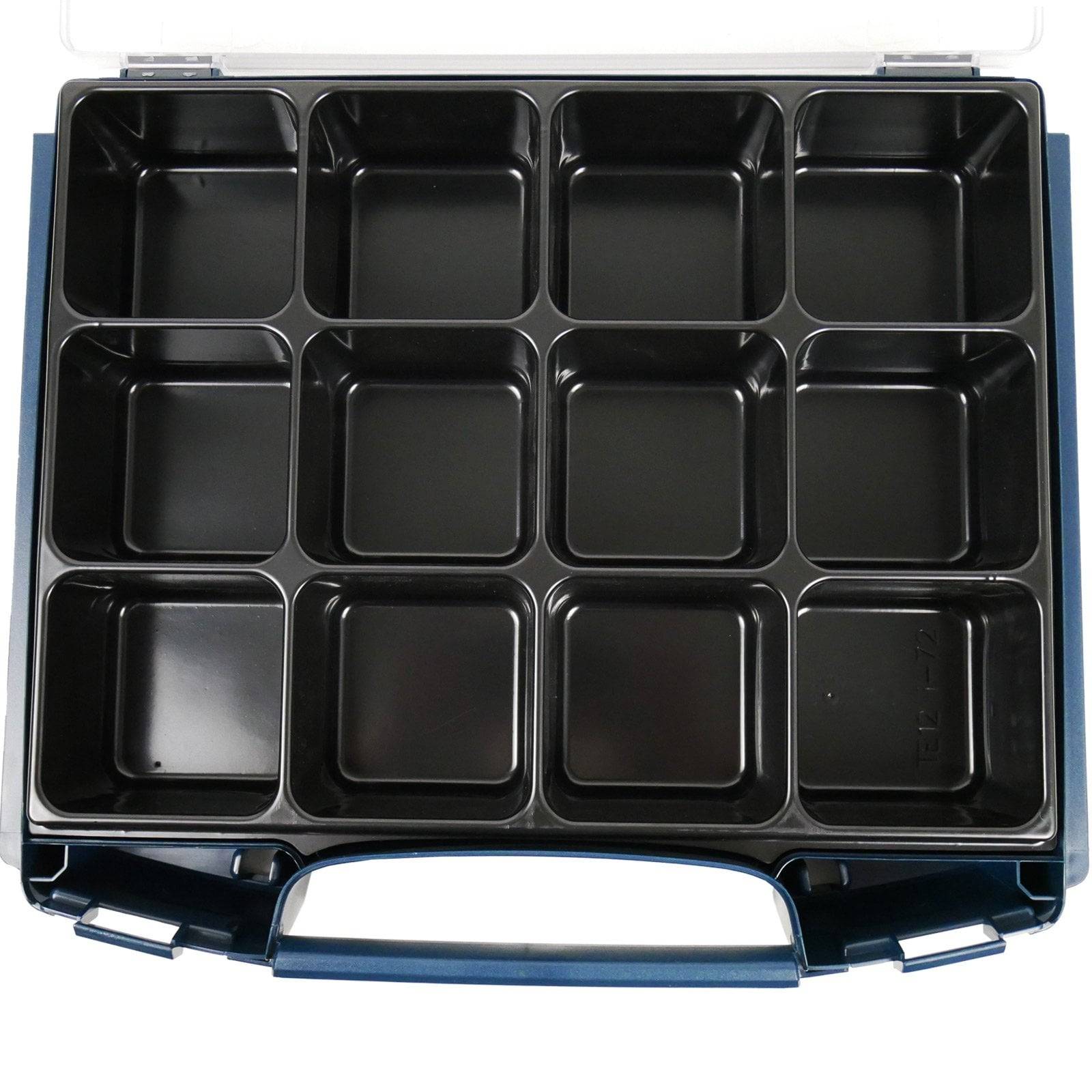 Eine blaue Aufbewahrungsbox mit transparentem Deckel, die 12 leere schwarze Fächer in einem 3x4-Gitter zur Organisation kleiner Gegenstände aufweist.