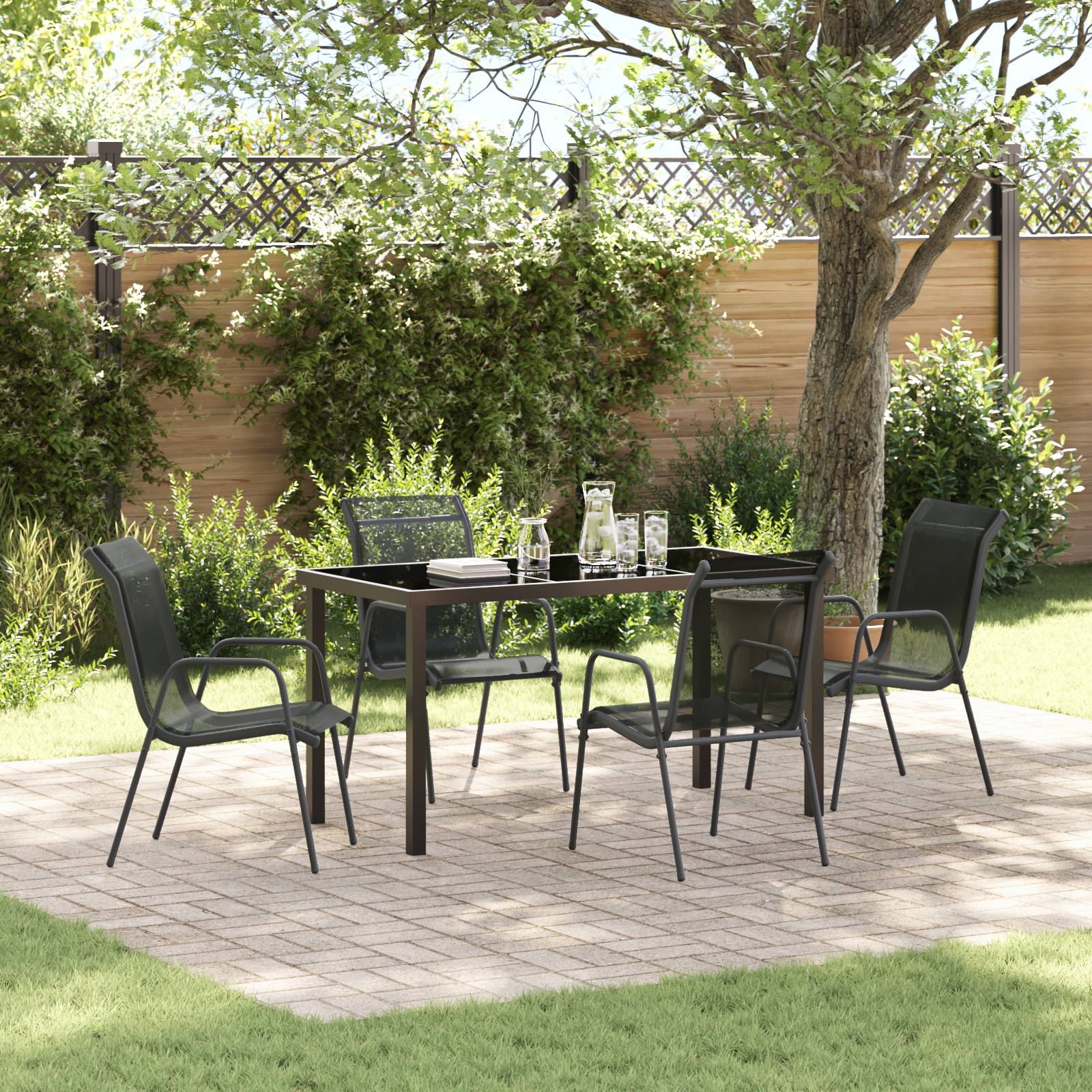 vidaXL 5-teiliges Garten-Esszimmer-Set Schwarz Textilene und Stahl