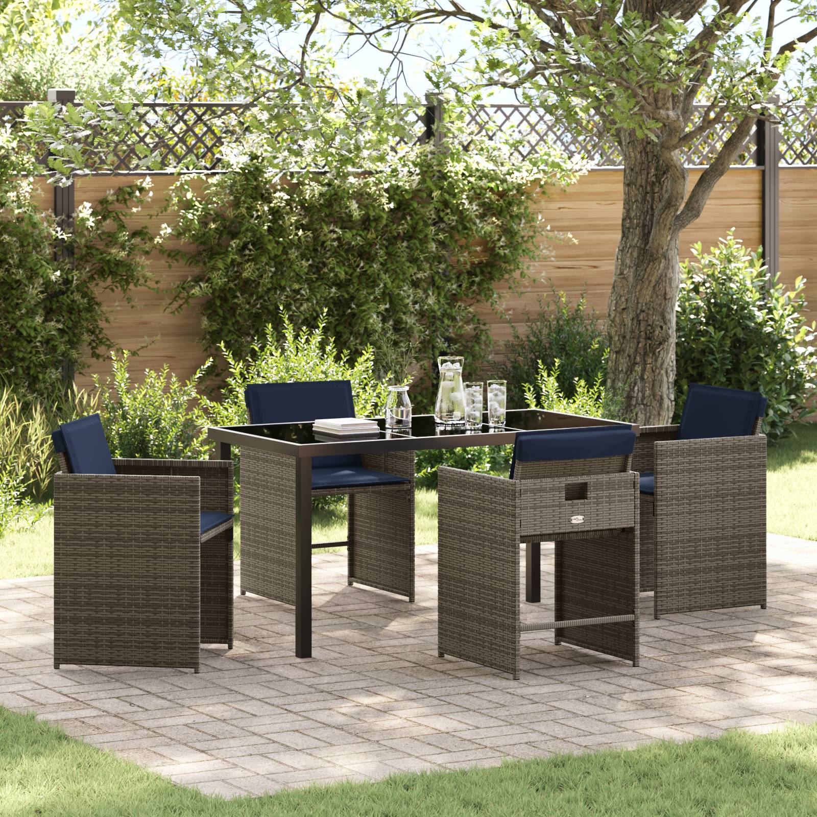 vidaXL 5-teiliges Garten-Essgruppen-Set mit Kissen grau Poly-Rattan