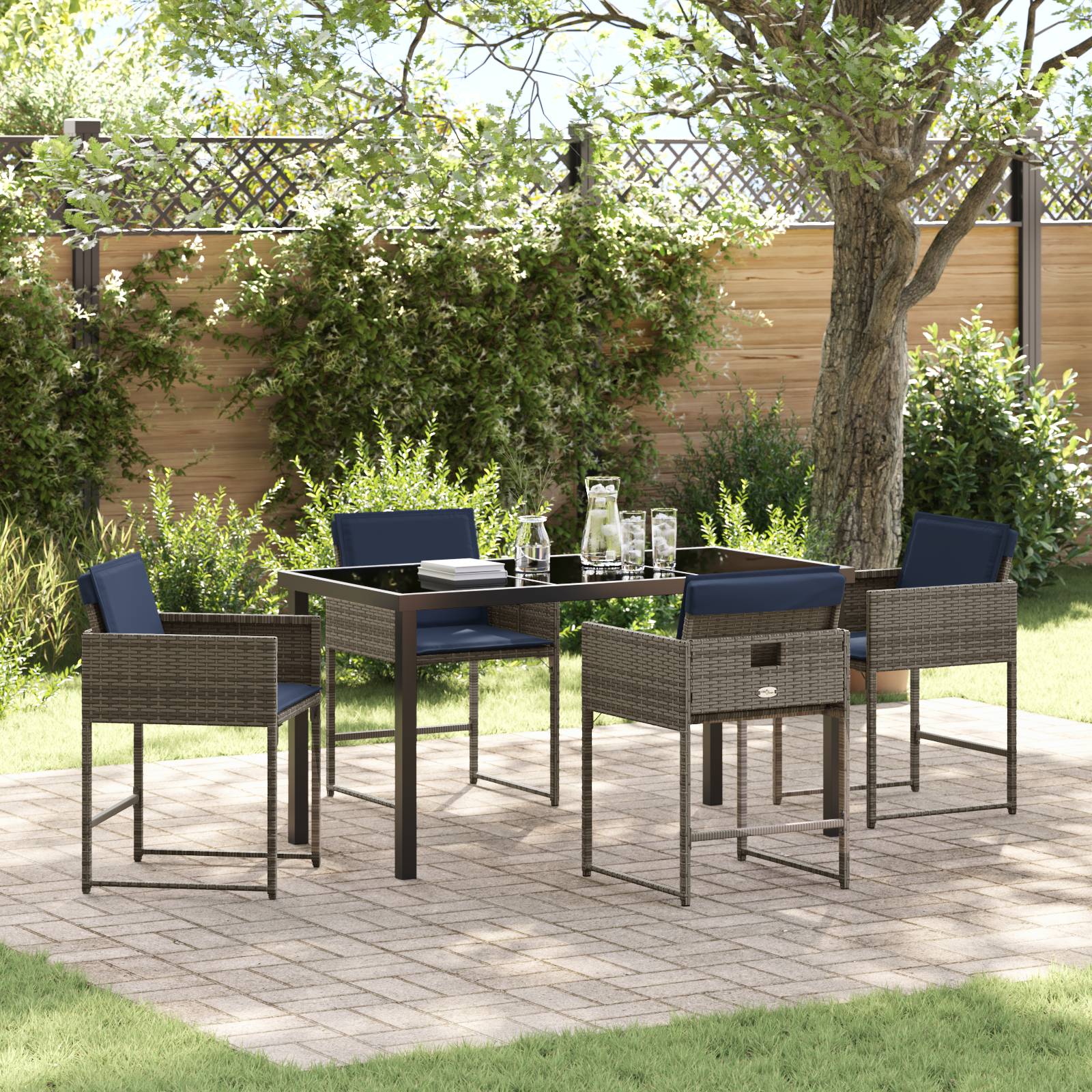 vidaXL 5-teiliges Garten-Esstischset mit Kissen Grau Poly-Rattan