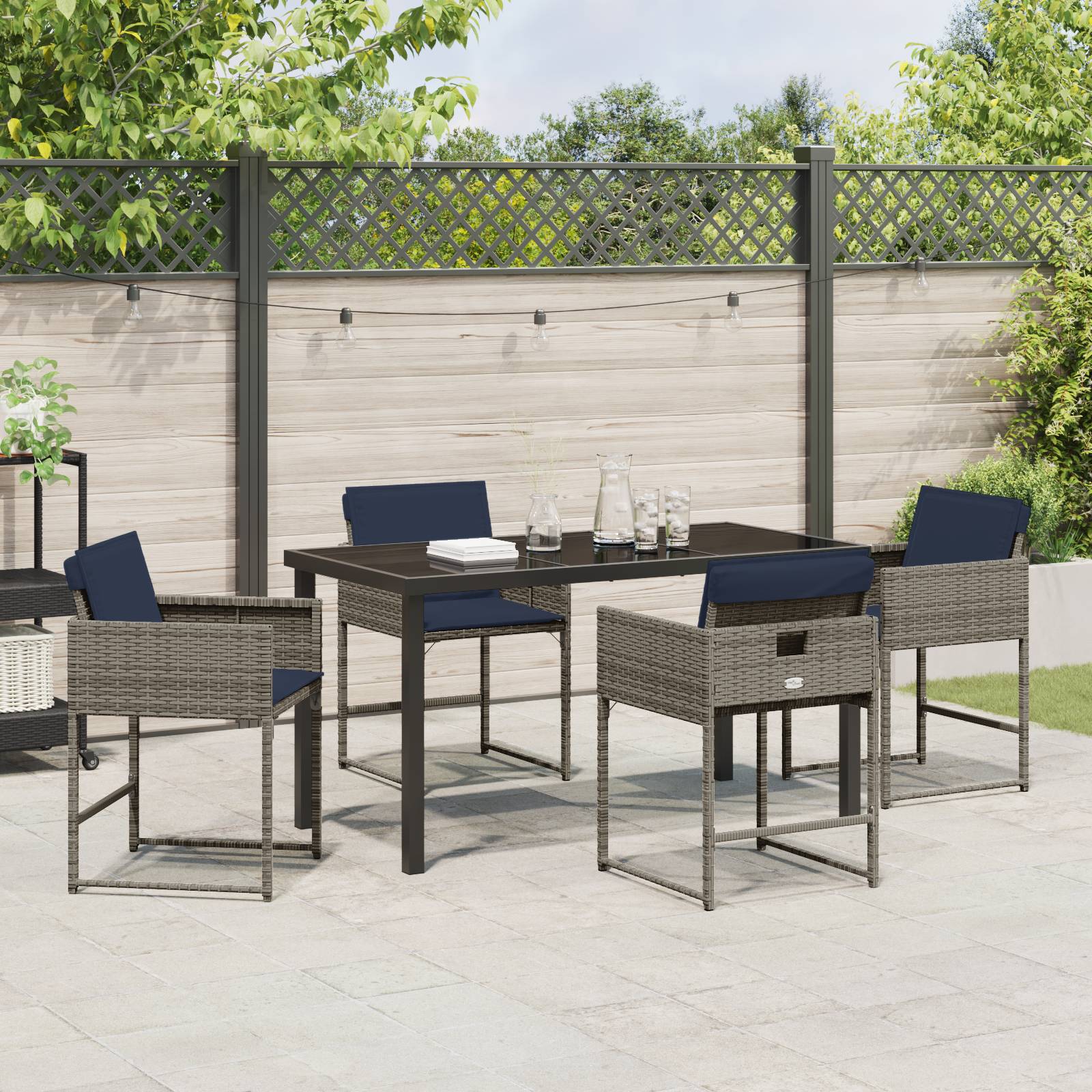 vidaXL 5-teiliges Garten-Esstischset mit Kissen Grau Poly-Rattan