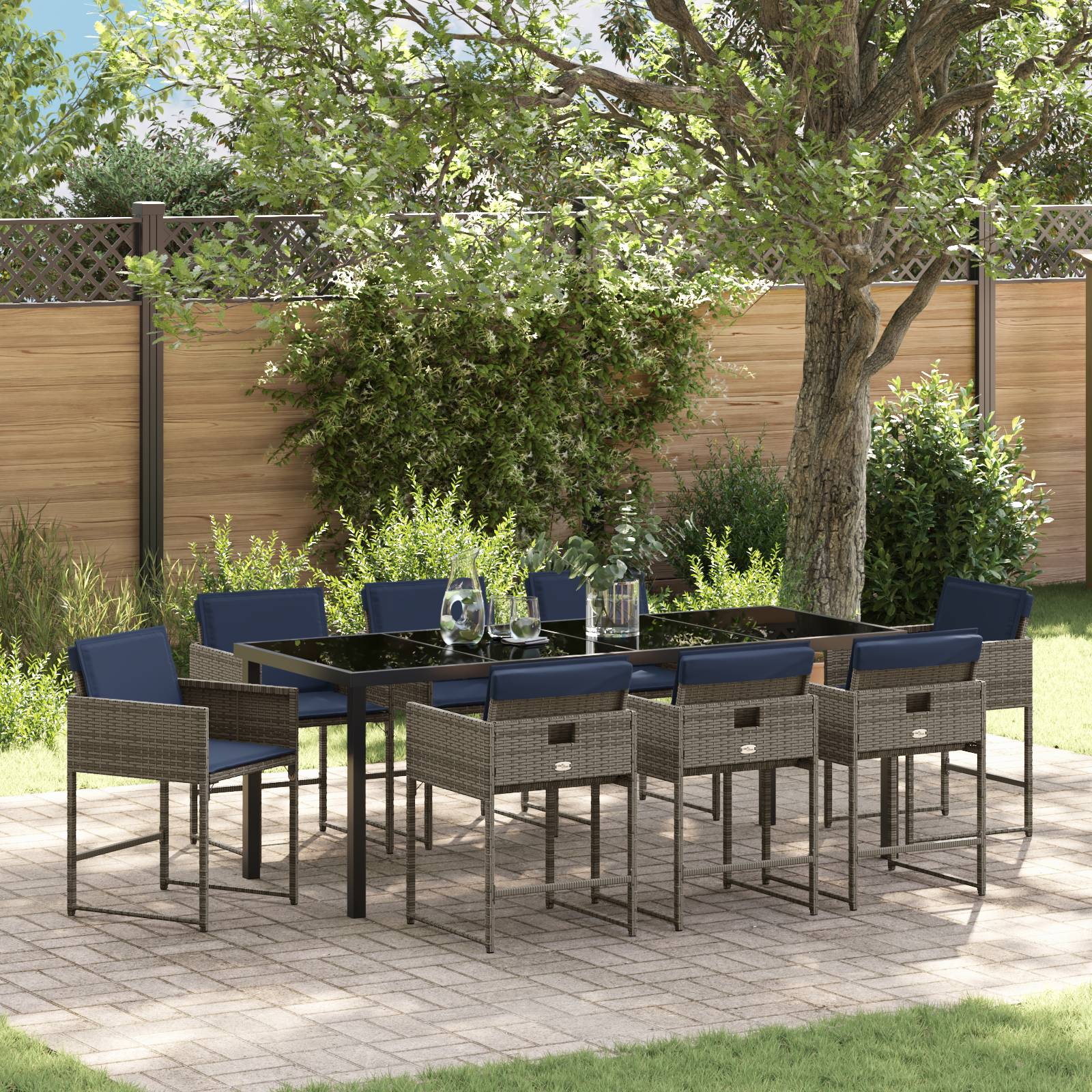 vidaXL 9-teiliges Garten-Diningset mit Kissen Grau Poly-Rattan