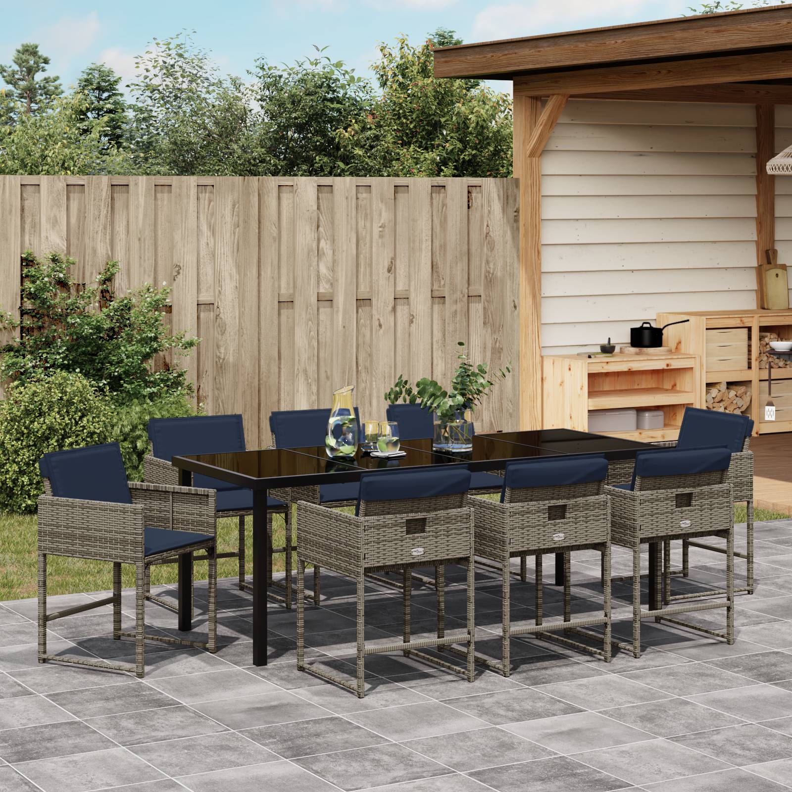 vidaXL 9-teiliges Garten-Diningset mit Kissen Grau Poly-Rattan