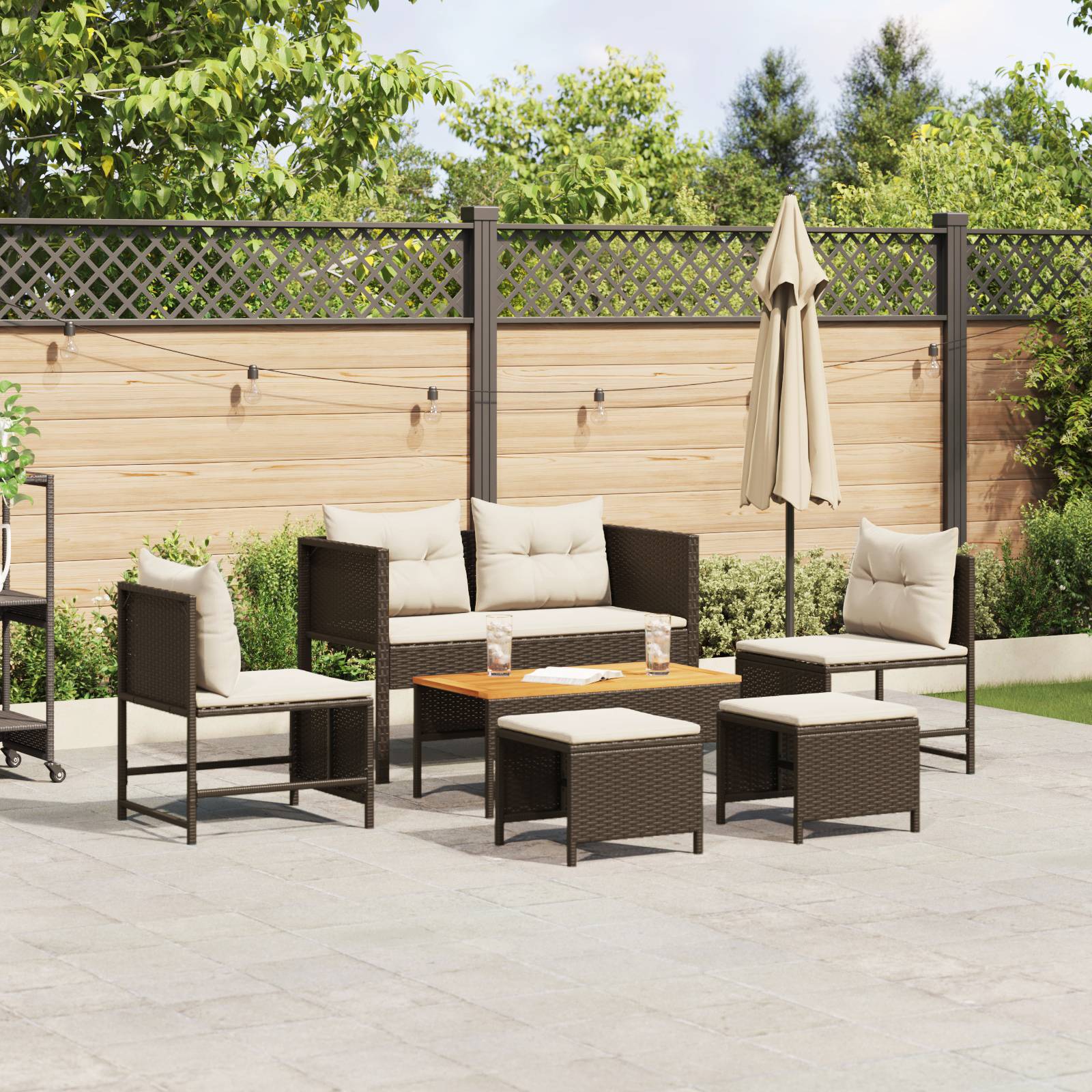 vidaXL Garten-Sofa Set Braun und Creme Rattan, Holz, Stoff Mittel