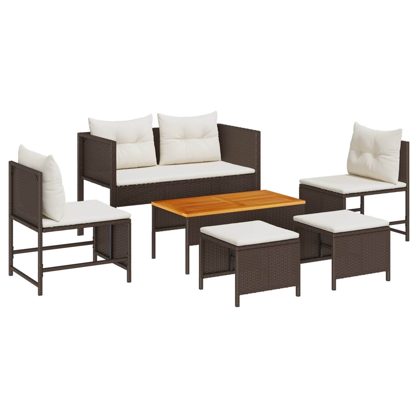 vidaXL Garten-Sofa Set Braun und Creme Rattan, Holz, Stoff Mittel