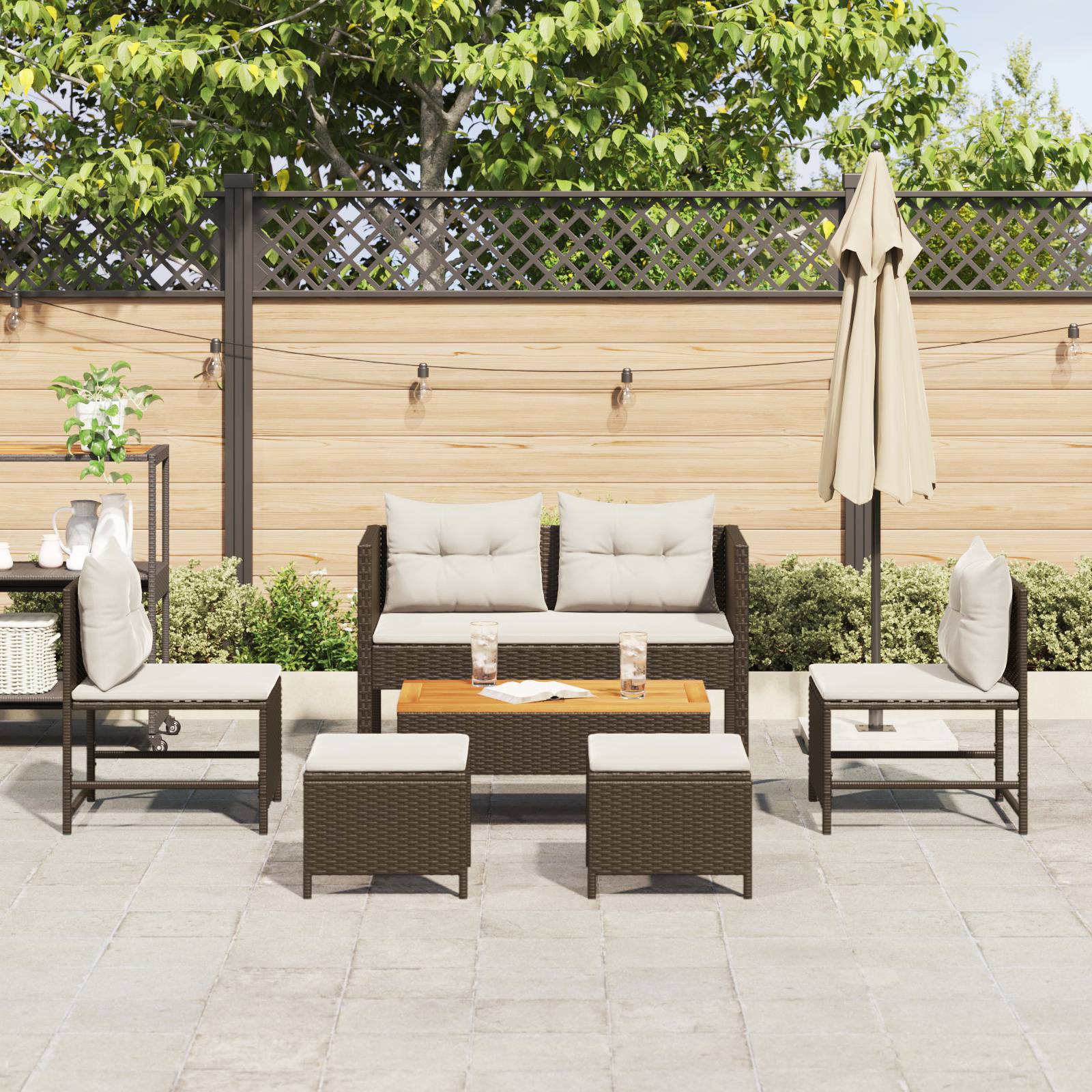 vidaXL Garten-Sofa Set Braun und Creme Rattan, Holz, Stoff Mittel