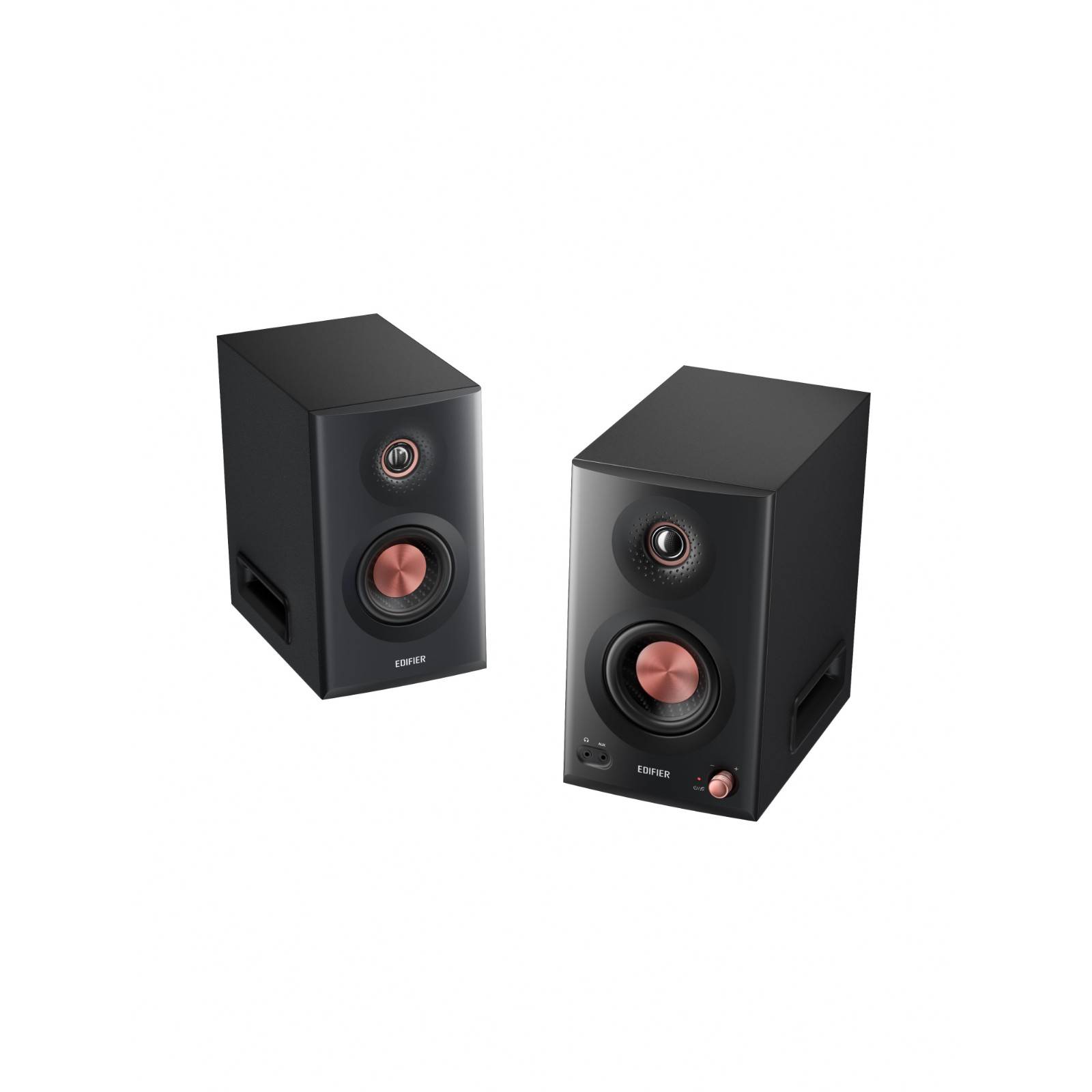Zwei schwarze Lautsprecher mit Kupferakzenten, die Vorder- und Seitenansichten zeigen. Jeder Lautsprecher verfügt über einen Bedienknopf und einen Lautsprecherrost.