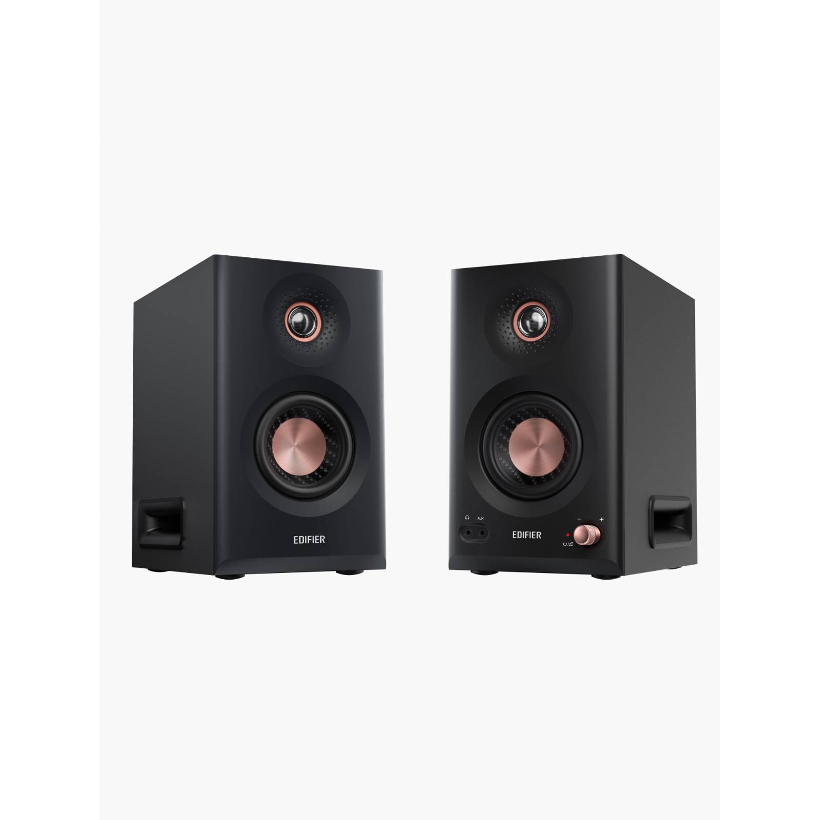 Zwei schwarze, rechteckige Lautsprecher mit kupferfarbenen Akzenten, ausgestattet mit Lautstärkereglern und Edifier-Branding auf weißem Hintergrund.