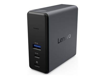 Eine schwarze Lenovo-Dockingstation mit USB-C- und USB-A-Anschlüssen, die zum Anschließen mehrerer Geräte an einen Computer entwickelt wurde.