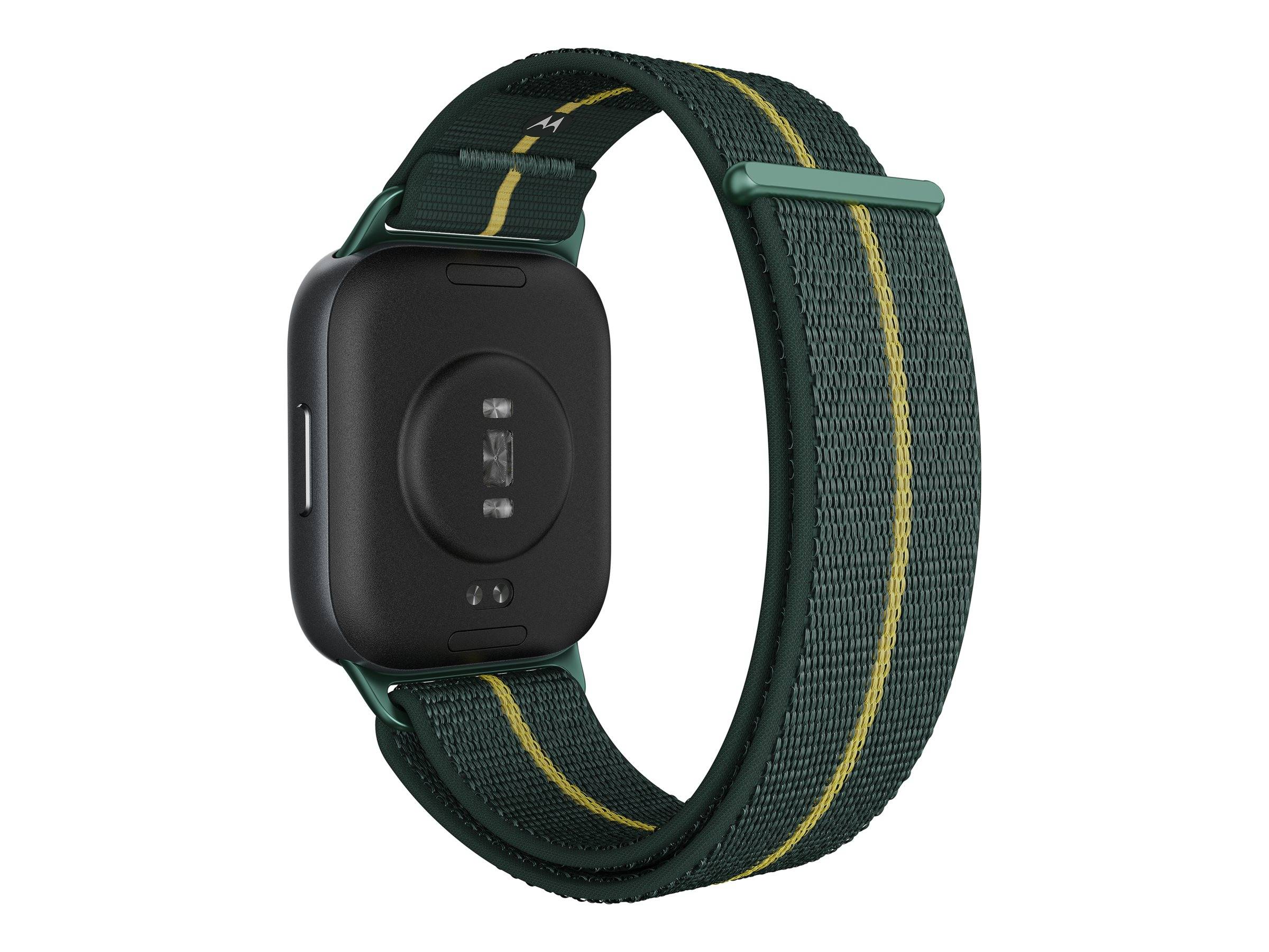Ein dunkelgrünes und gelb gestreiftes Smartwatch-Armband mit einem schwarzen, rechteckigen Display und Gesundheitssensoren auf der Rückseite.