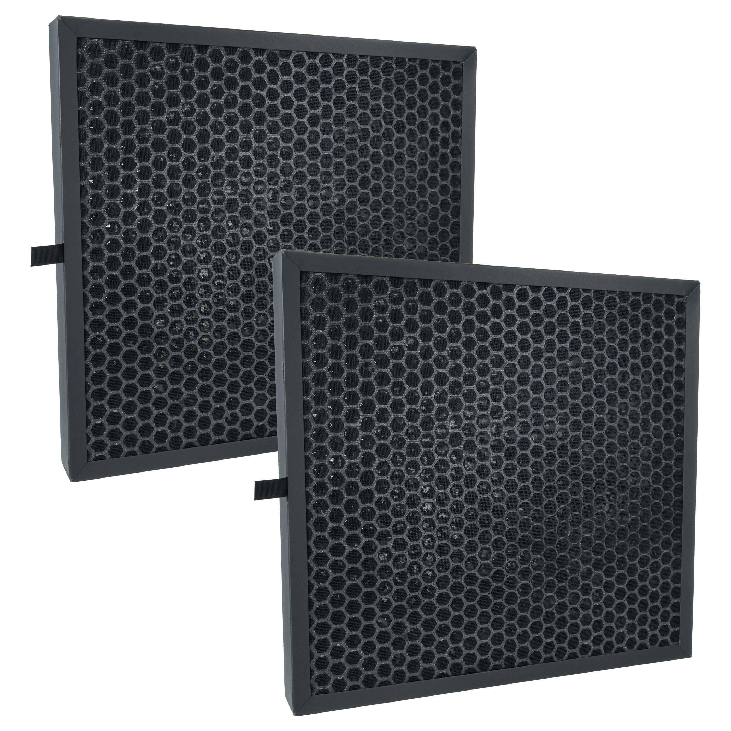 Zwei quadratische Kohleluftfilter mit einer Wabenstruktur, die dazu bestimmt sind, die Luft zu reinigen, indem sie Partikel und Gerüche zurückhalten.