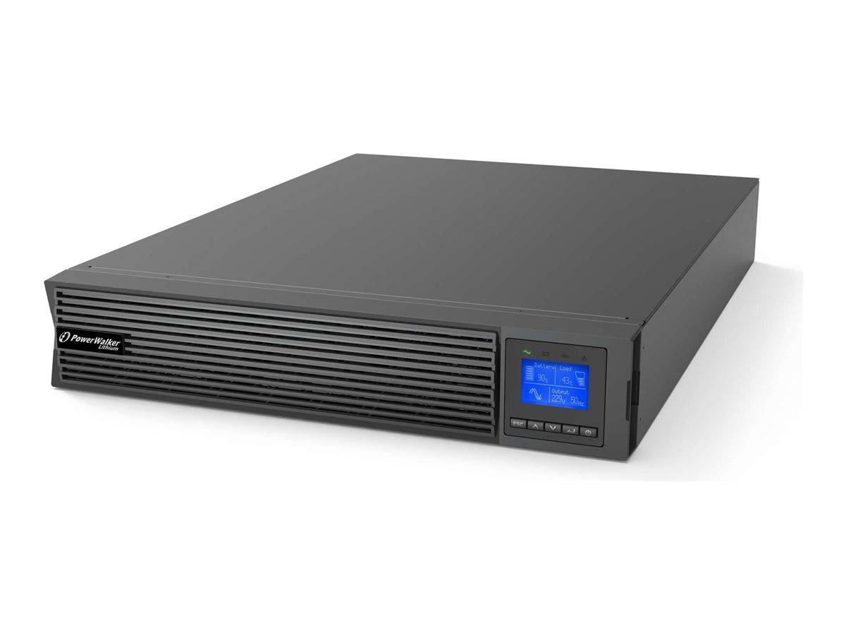 Schwarze Rack-Mount-Stromausfallsicherungsanlage mit frontaler Gitterblende und blauem LCD-Display, gezeigt auf weißem Hintergrund.