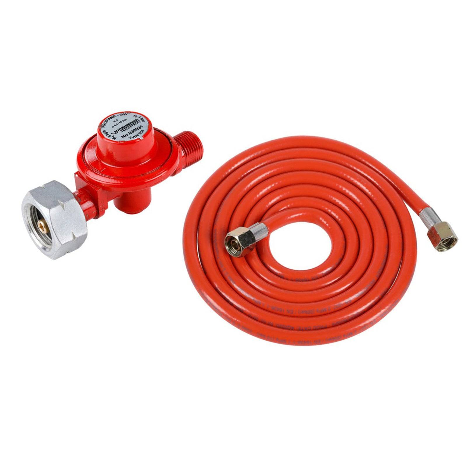 Roter Gasregler, der mit einem gewickelten roten Schlauch verbunden ist. Beide werden zur Steuerung des Gasflusses in Geräten verwendet. Der Schlauch verfügt an beiden Enden über Metallverbinder.