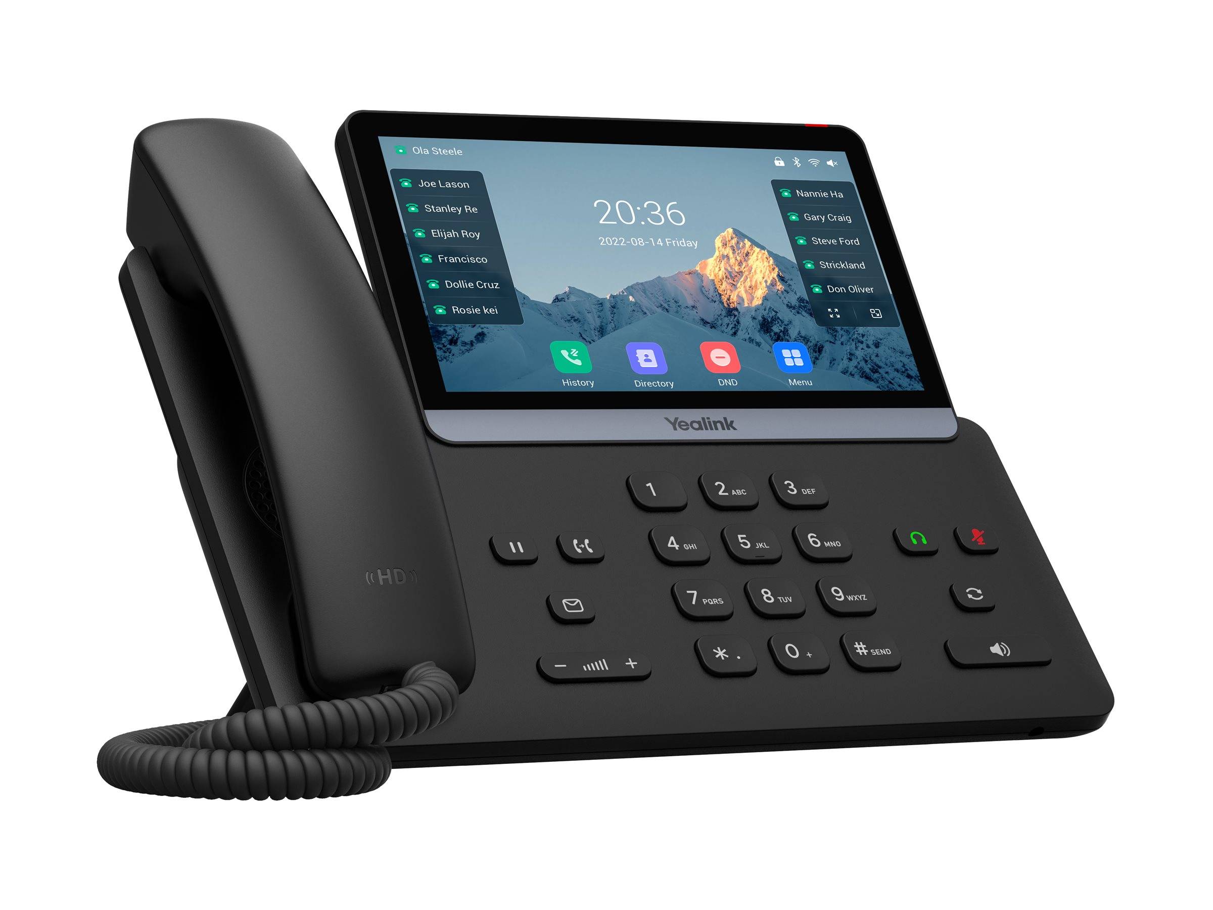 Ein Schreibtischtelefon mit einem Touchscreen-Display, das Uhrzeit, Datum und eine Kontaktliste zeigt, mit Nummernblock und Hörer.