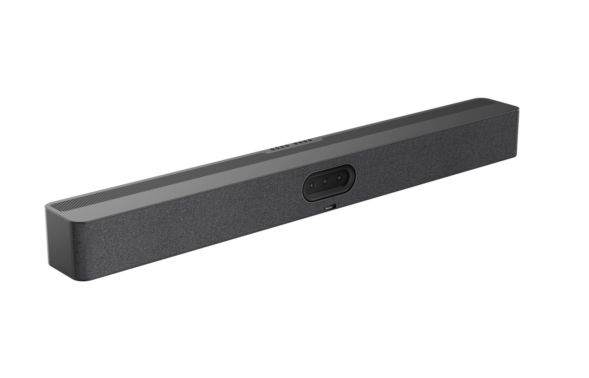 Ein schlanker schwarzer rechteckiger Soundbar-Lautsprecher auf schwarzem Hintergrund dargestellt, mit einem zentrierten Bedienfeld an der Vorderseite.