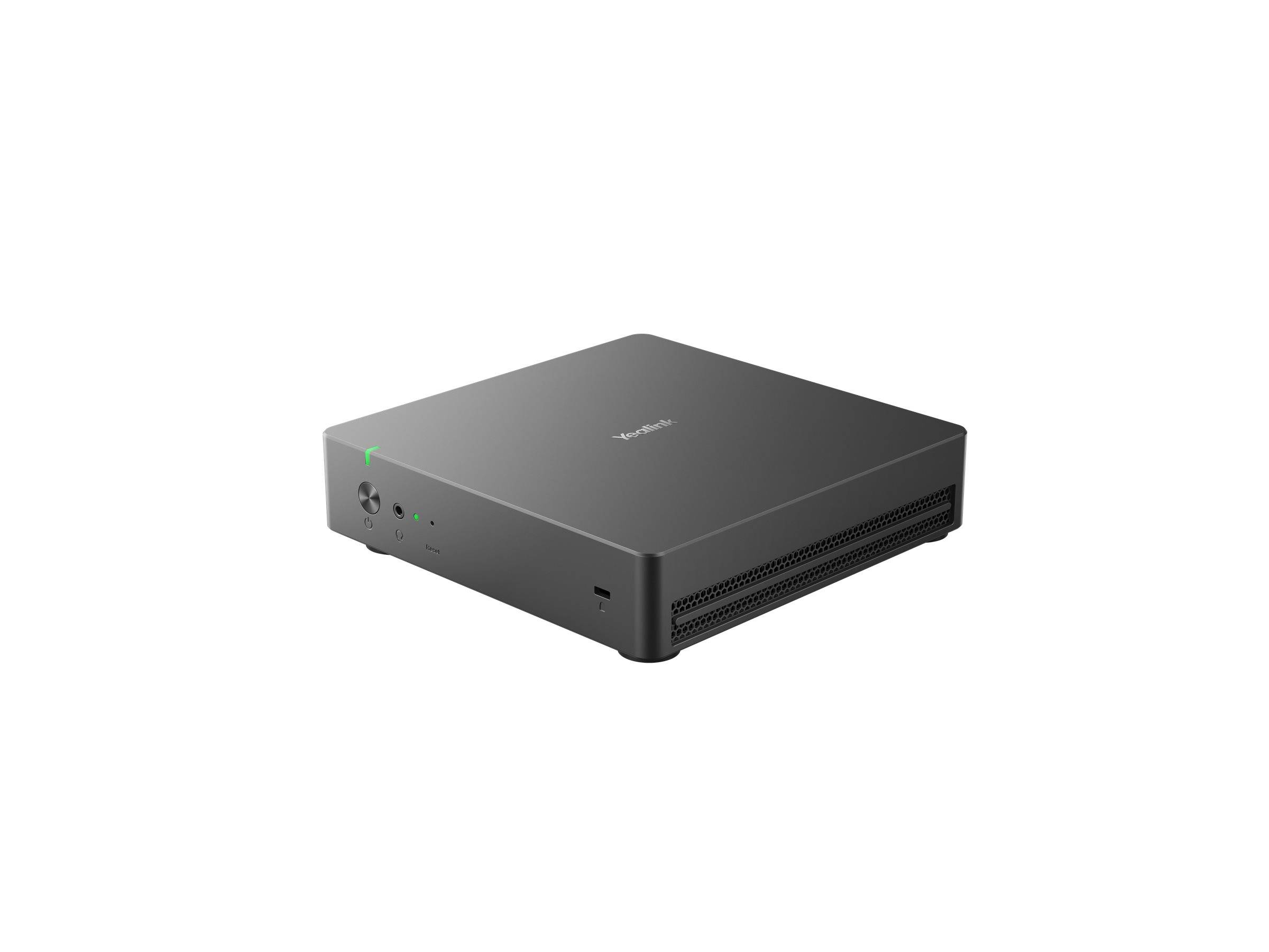 Ein kompaktes schwarzes elektronisches Gerät mit einer sichtbaren Anschlussöffnung und einem Markenlogo oben, höchstwahrscheinlich ein Mini-PC oder eine ähnliche Hardware-Komponente.