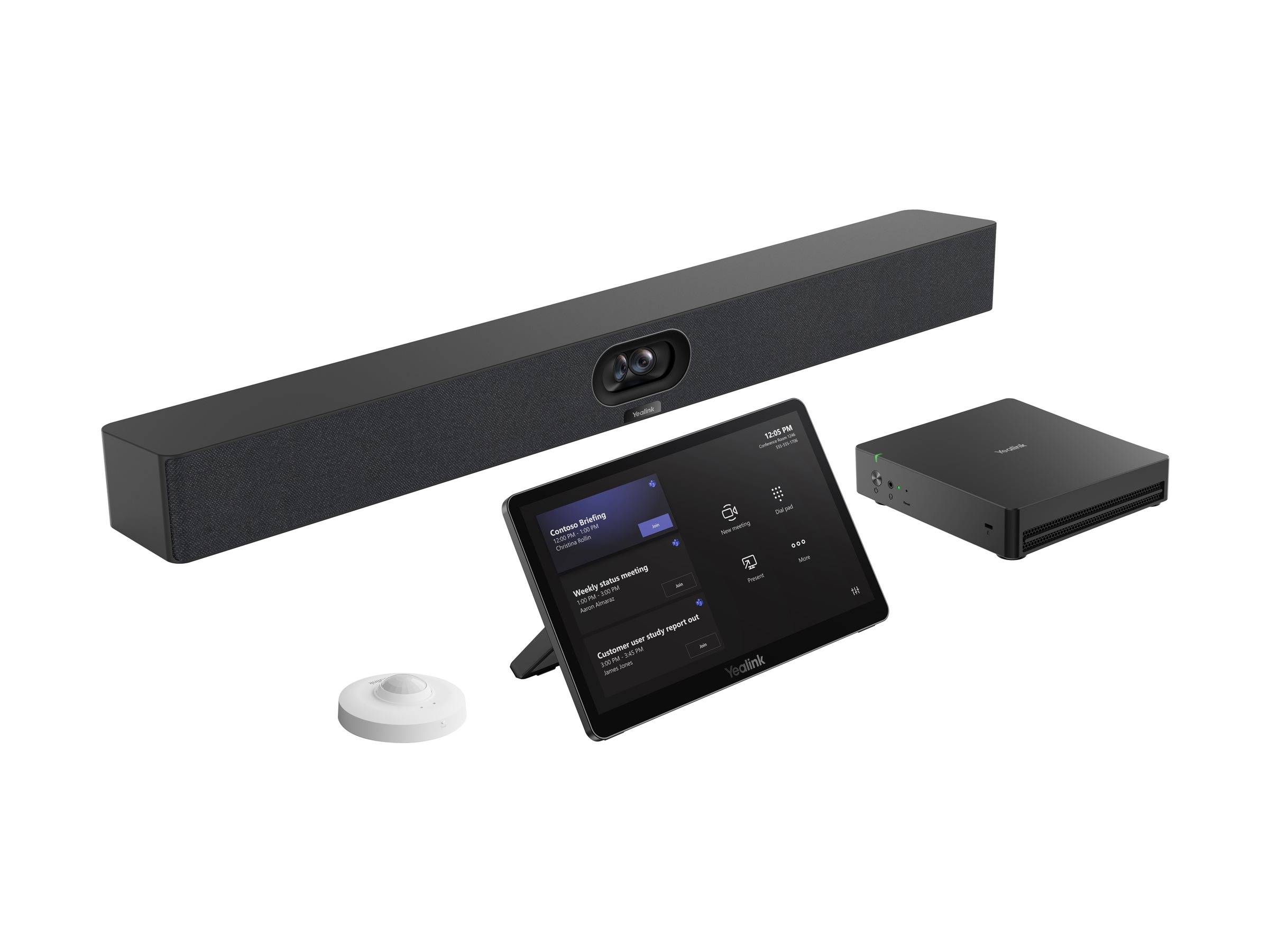 Eine Konferenzraumausstattung mit einem intelligenten Touchscreen, Soundbar, Steuerungseinheit undDeckenmikrofon.
