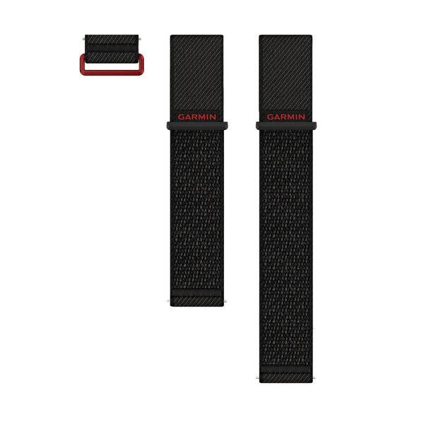 Drei schwarze Garmin-Armbänder auf weißem Hintergrund gezeigt, einschließlich eines kurzen Schnallenstücks und zwei längerer Riemenstücke.