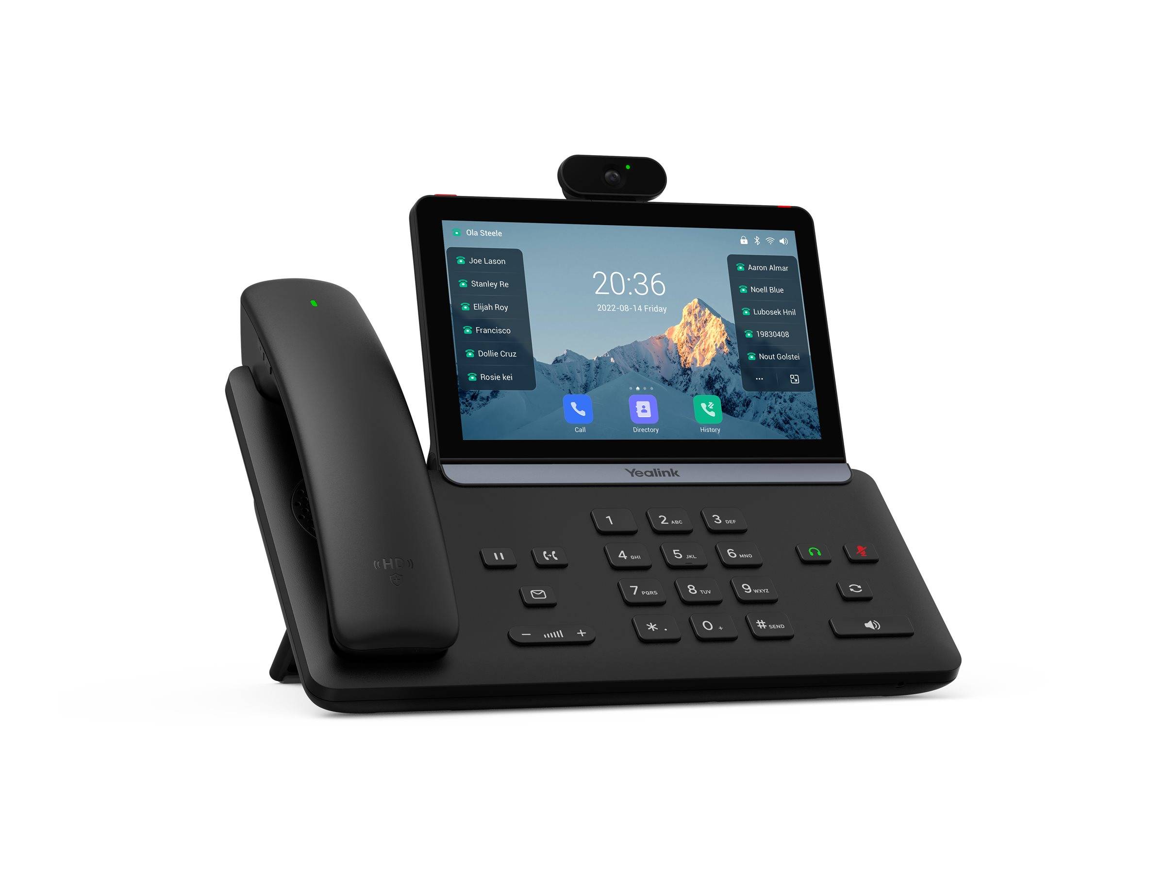 Ein schwarzes Büro-Telefon mit Touchscreen-Display, das die Uhrzeit '20:36' und eine Kontaktliste zeigt. Eine Kamera ist oben am Gerät montiert.