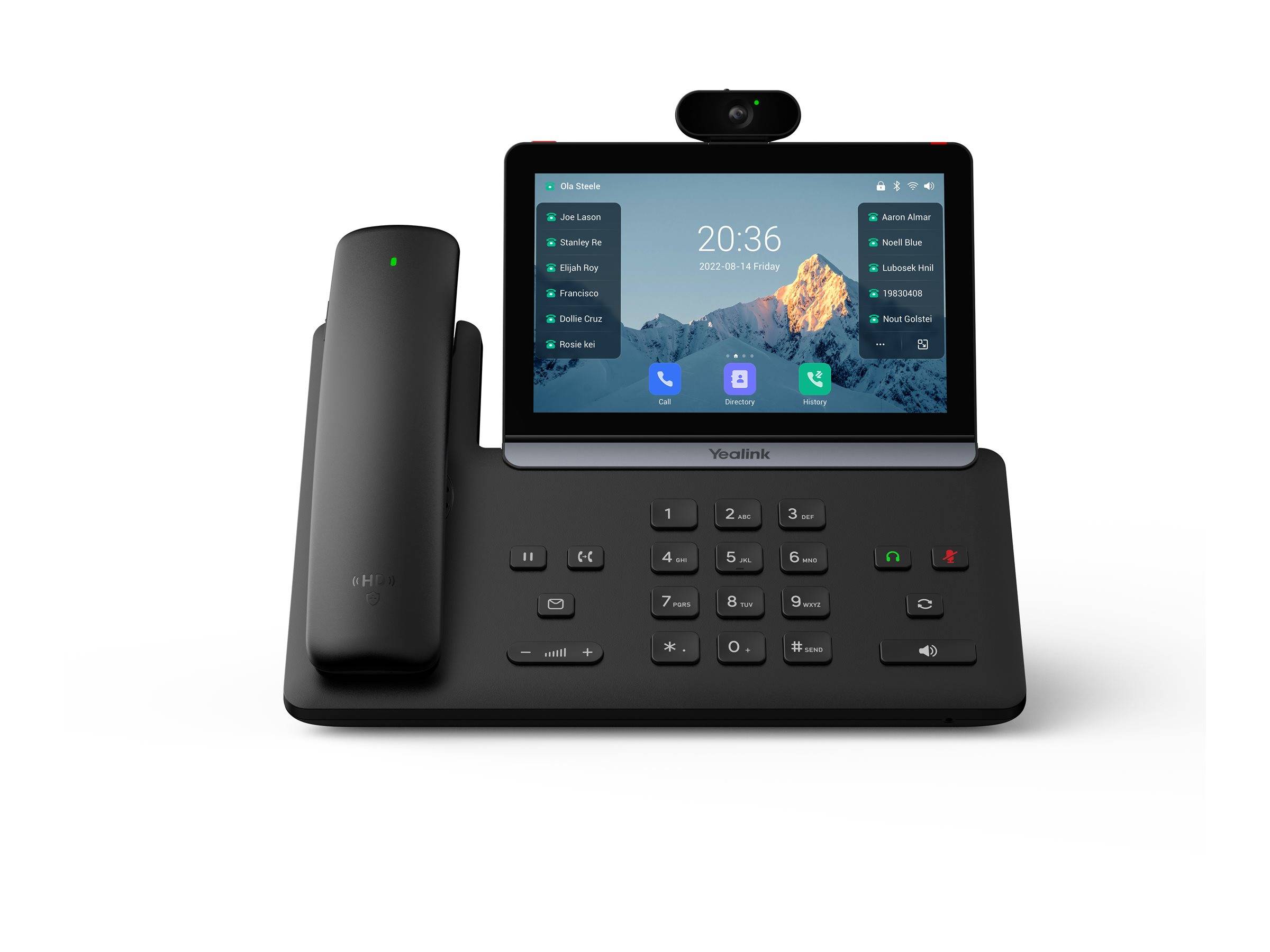 Yealink Smart-Videophone mit Touchscreen, der einen Startbildschirm mit Uhrzeit, Datum, Kontaktliste und einer Kamera oben zeigt.