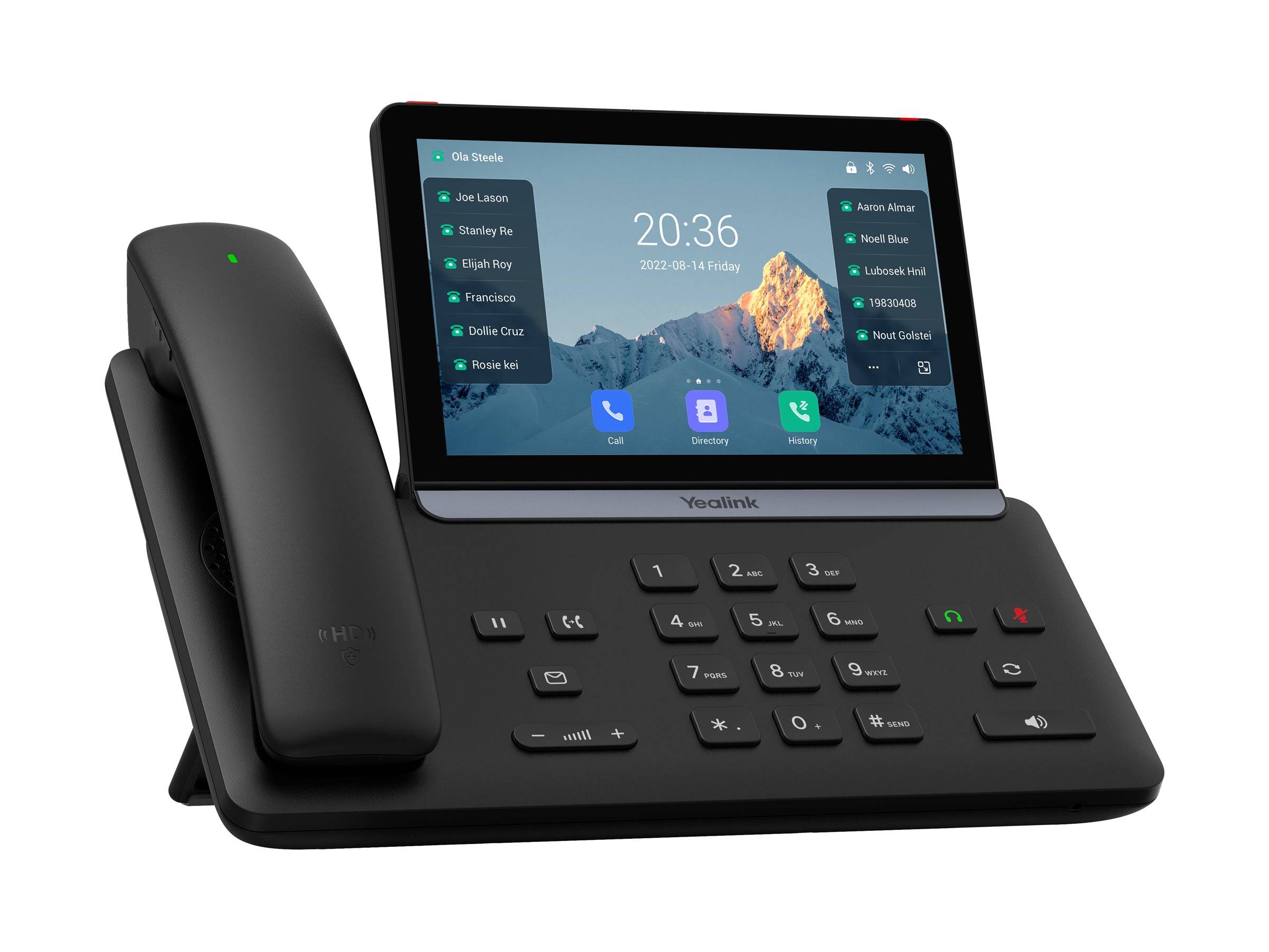 Ein modernes Tischtelefon mit einem großen Touchscreen, der eine Kontaktliste, die Uhrzeit '20:36' und das Datum '2022-08-12 Freitag' anzeigt, mit einem Hörer.