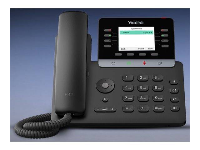 Ein modernes digitales Bürotelefon mit einem Bildschirm, auf dem Einstellungsoptionen angezeigt werden. Der Hörer befindet sich links, die Tastatur rechts.