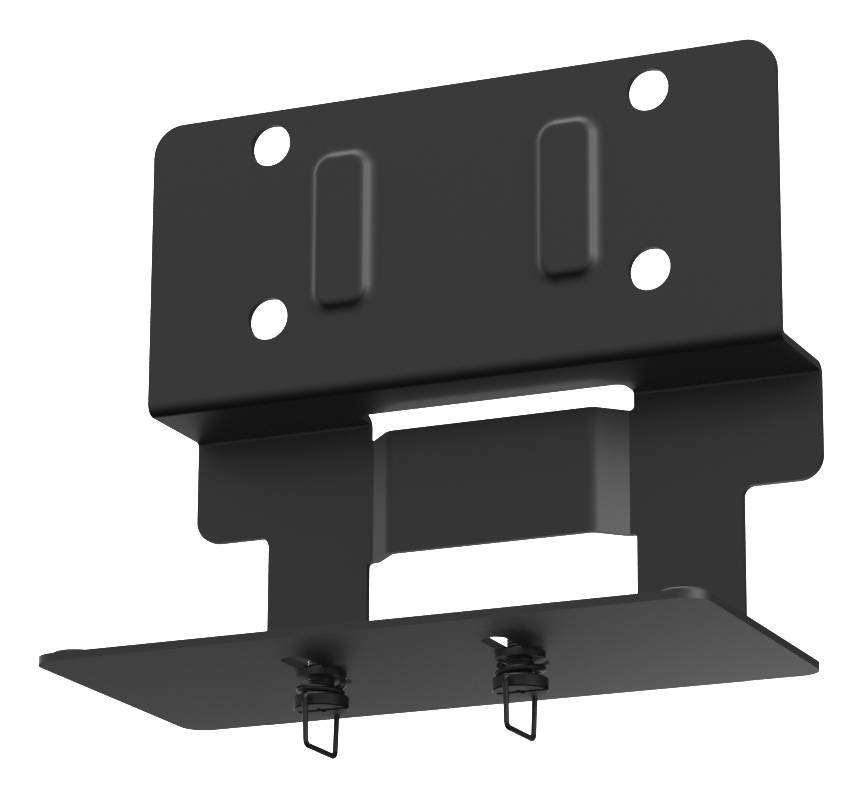 Eine schwarze Metallwandhalterung mit mehreren Löchern und Klammern, entworfen zum sicheren Befestigen oder Stützen von Objekten.