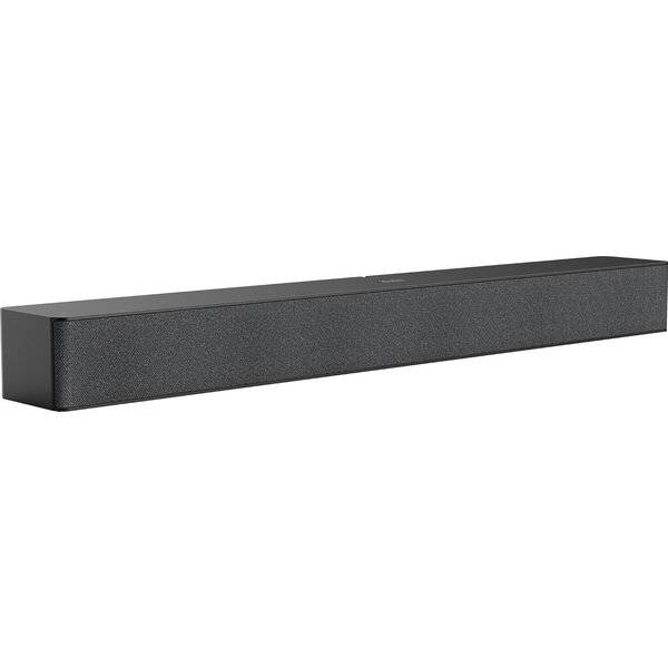 Schwarze rechteckige Soundbar-Lautsprecher in Seitenansicht auf weißem Hintergrund.