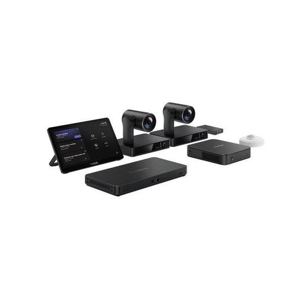 Video-Konferenzsystem mit Tablet-Controller, zwei Kameras, Hub, kleinem Modul und Kabel auf weißem Hintergrund.