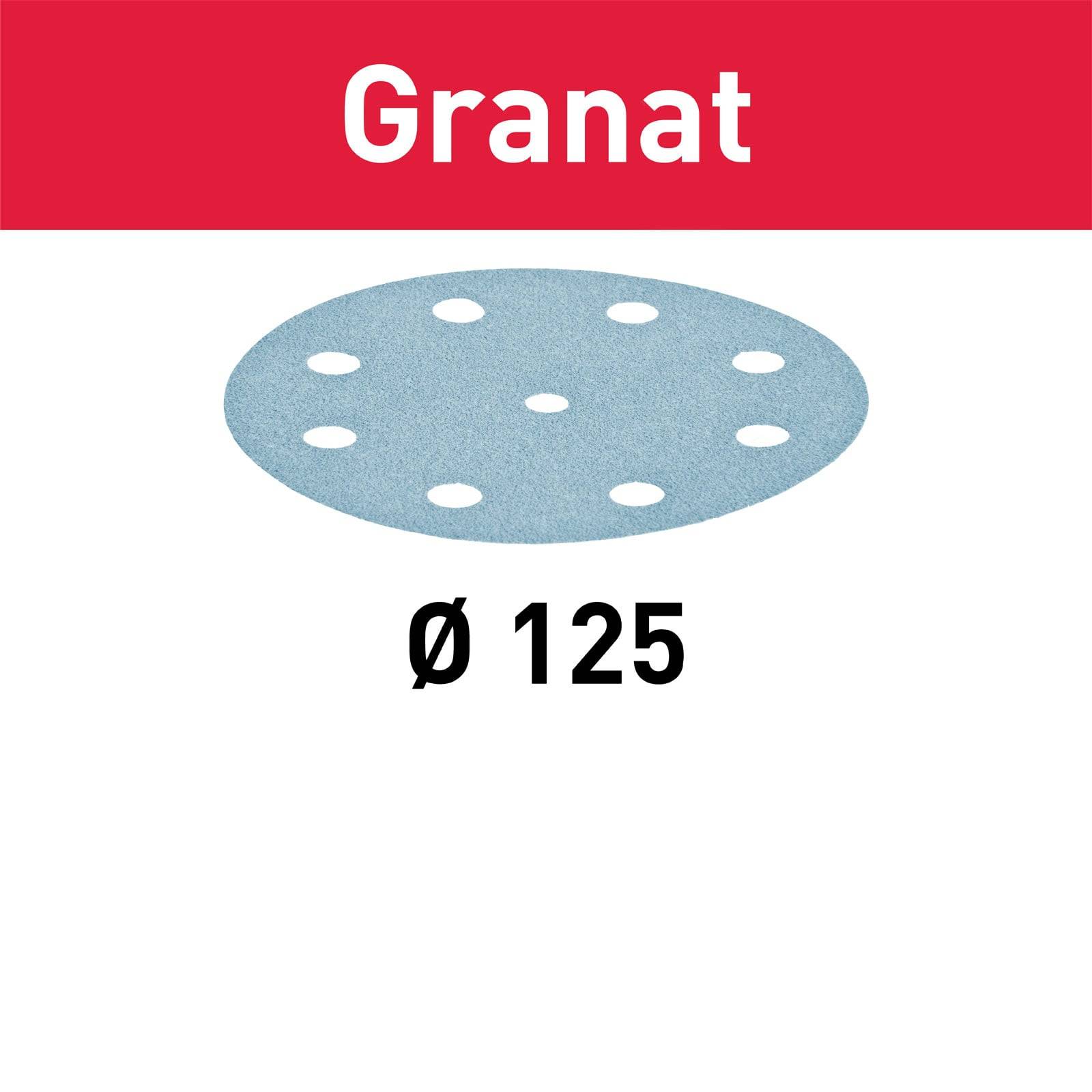 Schleifscheibe mit der Bezeichnung Granat, dargestellt mit einem Durchmesser von 125 mm und mehreren Löchern, auf einem rot-weißen Hintergrund.