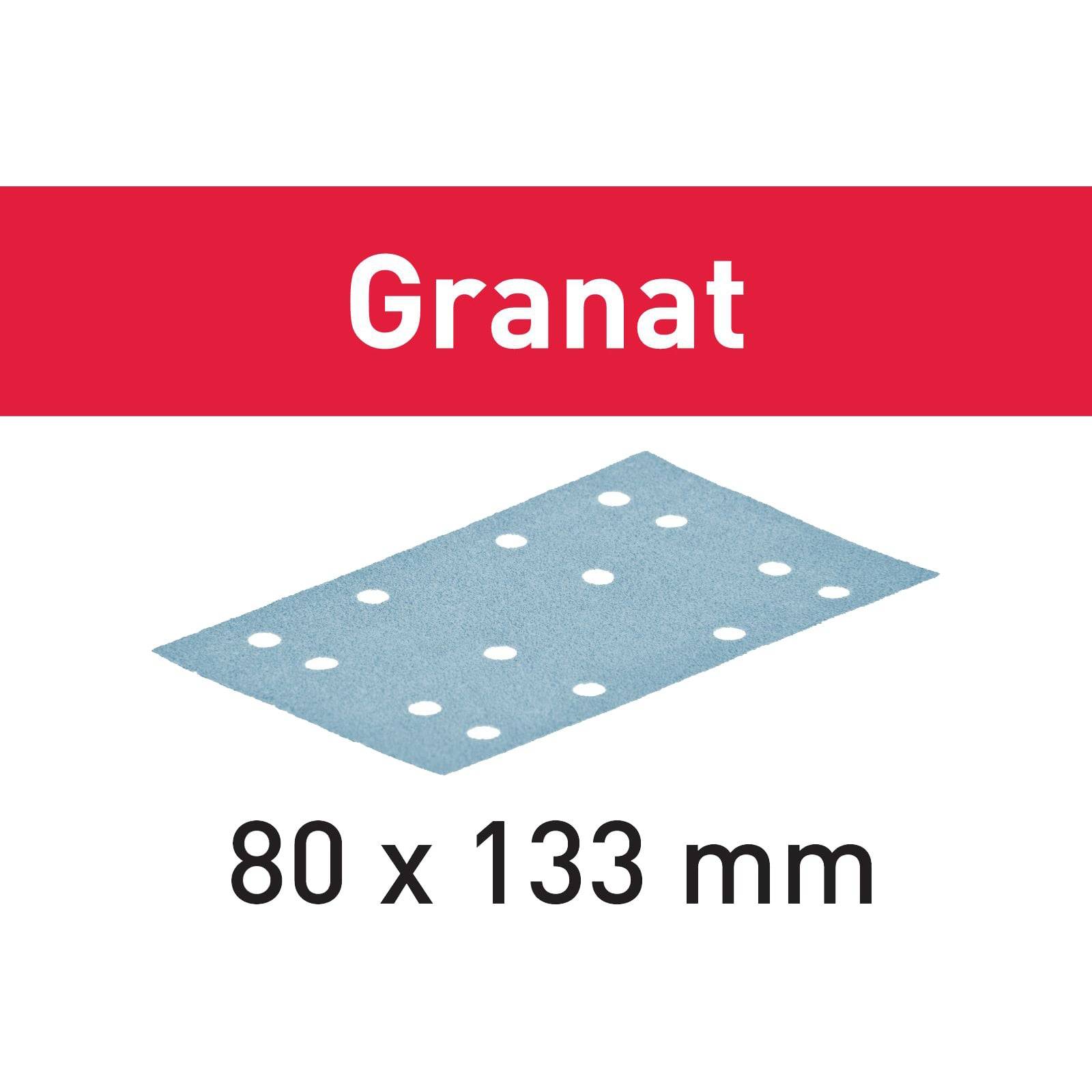 Granat' in weißer Schrift auf rotem Banner. Darunter ein blaues rechteckiges Schleifblatt mit Löchern; Abmessungen '80 x 133 mm' in schwarzer Schrift.