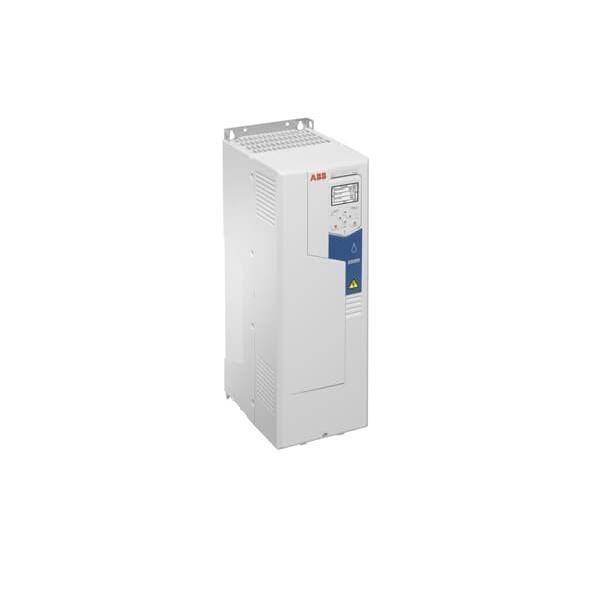 ABB industrielle elektrische Antriebseinheit/Umrichter in einem weißen Metallgehäuse mit vorderer Bedienblende und blauem Akzentertikett.