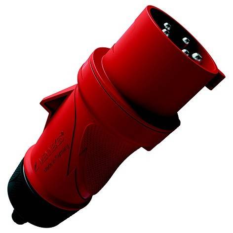 Roter Industrie-Steckverbinder für Elektrik auf weißem Hintergrund, diagonal angewinkelt.