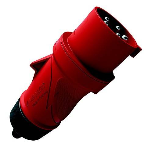 Roter industrieller Stromstecker mit zylindrischer Buchse und schwarzem Sockel auf weißem Hintergrund.