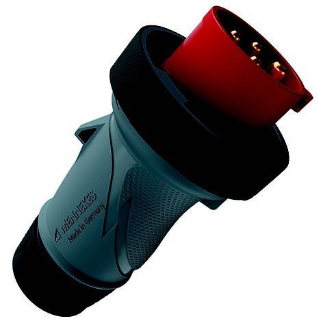 Blauer Industrie-Stromstecker mit rotem Stecker, dargestellt auf weißem Hintergrund.