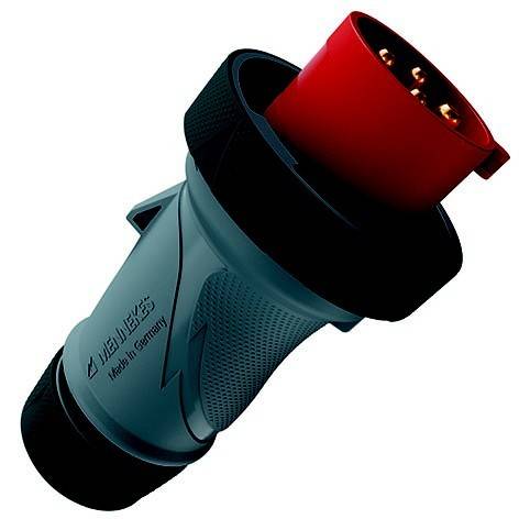 Industrieller Elektrostecker mit rotem und blauem Gehäuse, gezeigt auf weißem Hintergrund.