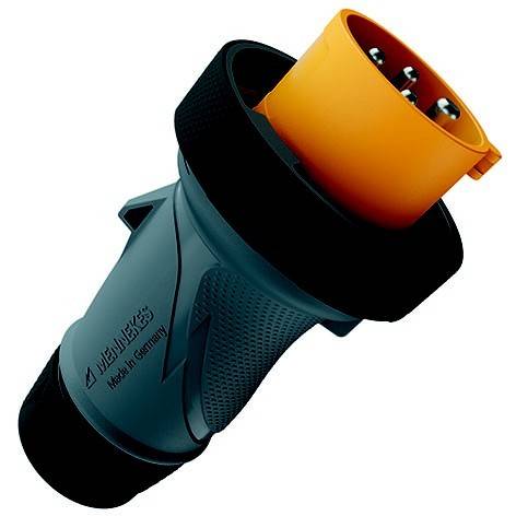 Angewinkelte Nahaufnahme eines blau-schwarzen industriellen Steckverbinders mit einem orangefarbenen Steckeinsatz auf weißem Hintergrund.