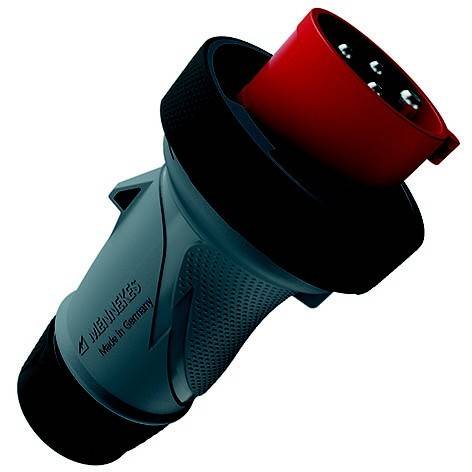 Industrieller Elektrostecker mit roter Verschlusskappe und blau-schwarzem Gehäuse auf weißem Hintergrund.