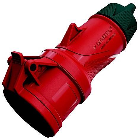 Roter industrieller Elektrostecker mit grüner Kappe, gezeigt auf weißem Hintergrund.
