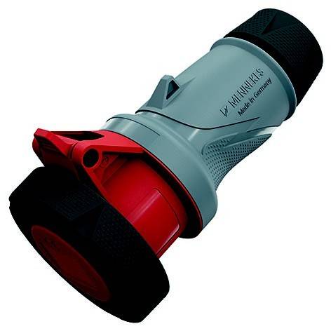Industrieller Elektrostecker mit grauem Gehäuse, rotem Koppler und schwarzen Kabelenden auf weißem Hintergrund.
