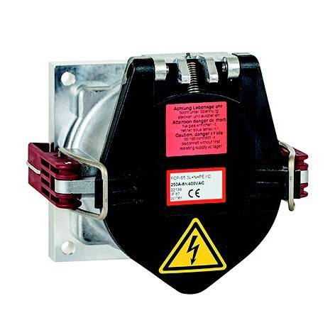 Elektrischer Trennschalter mit schwarzem Gehäuse, roten Verriegelungen und gelbem Hochspannungswarnzeichen auf metallischer Montagebasis montiert.
