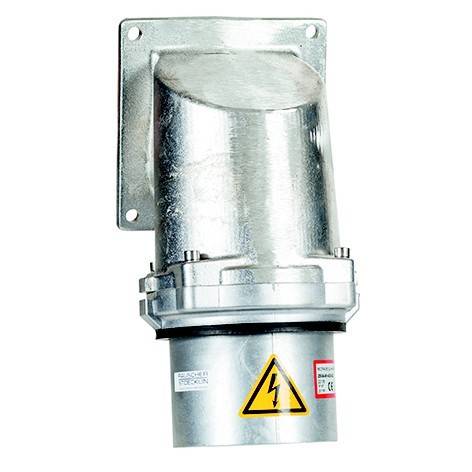 Metallisches Gehäuse für Elektrostecker mit Befestigungsplatte und Hochspannungswarnzeichen, dargestellt auf weißem Hintergrund.
