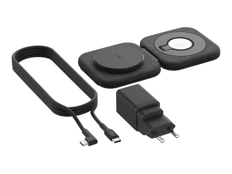Kabelloses Ladeset mit USB-C-Kabel, Wandladegerät und zwei stoffbezogenen Ladepads für eine Smartwatch und kabellose Ohrhörer.