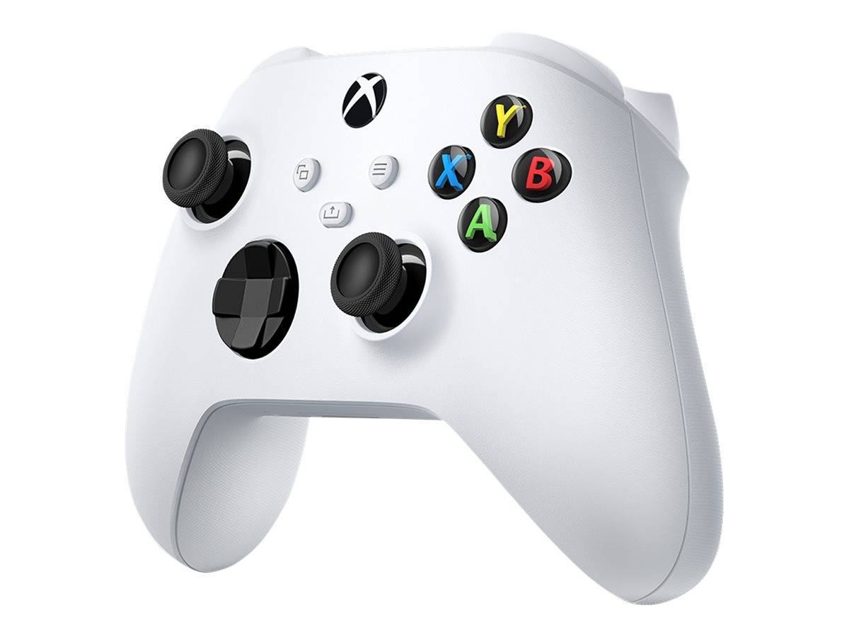 Weißer Xbox-ähnlicher Spielcontroller mit schwarzen Analog-Sticks und farbigen A-, B-, X-, Y-Tasten auf einfachem Hintergrund.